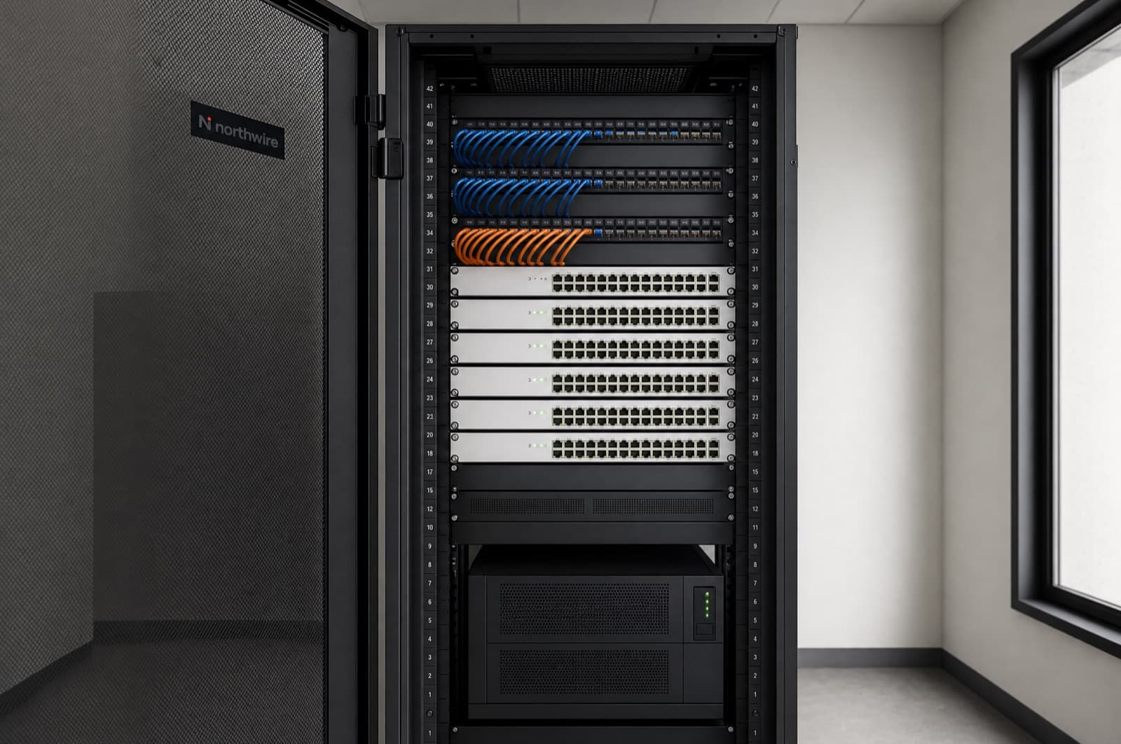 A clean network closet with switches, patch panels and a UPS