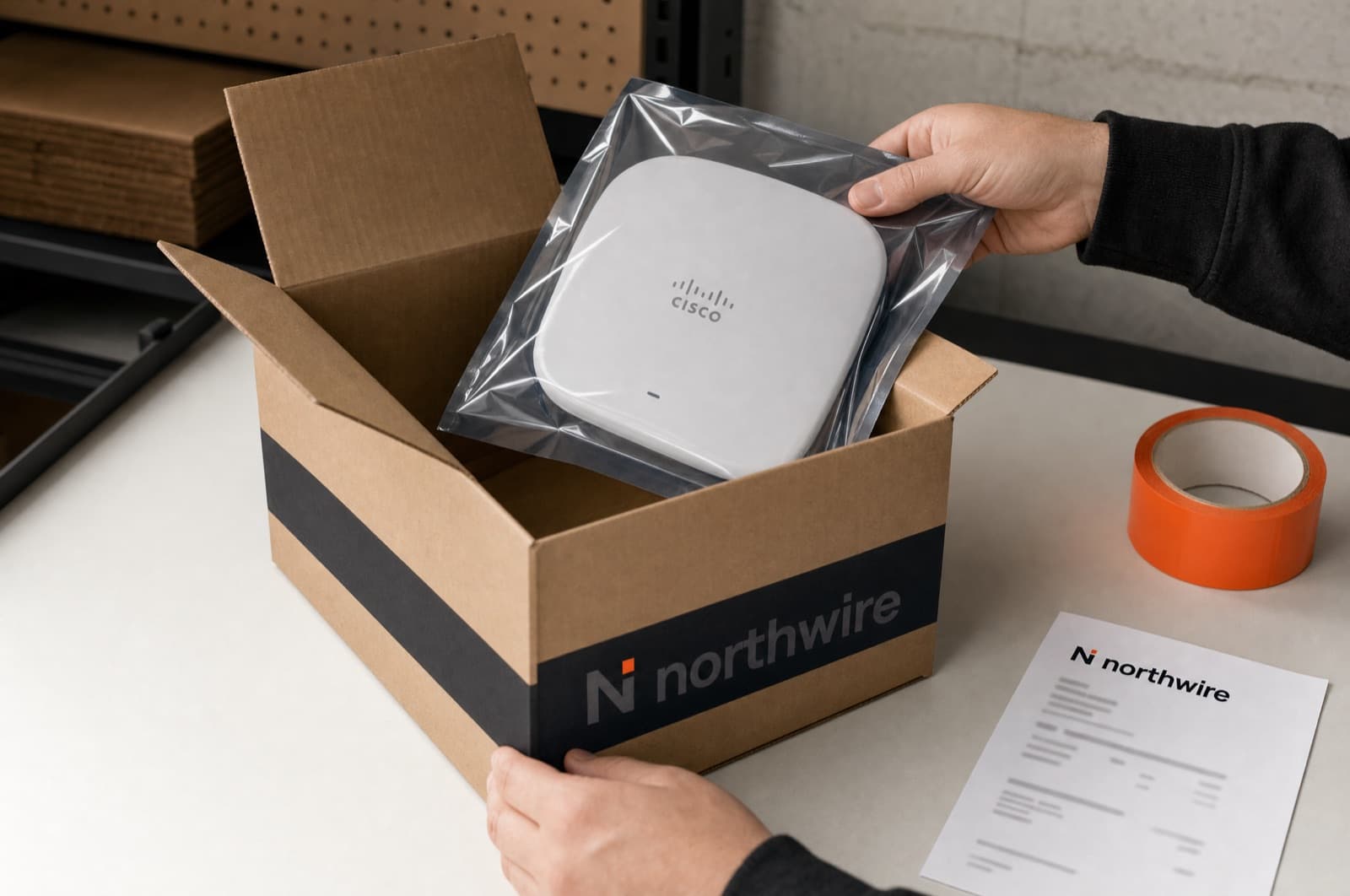 An access point being packed into a Northwire box with a Northwire packing slip