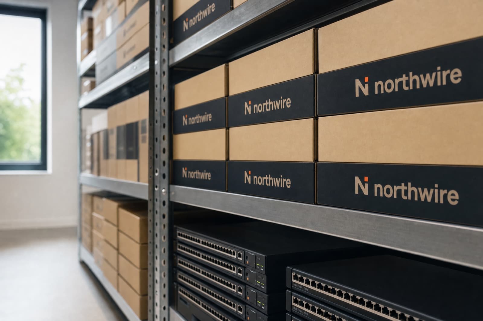 Northwire boxes and switches on stock room shelving
